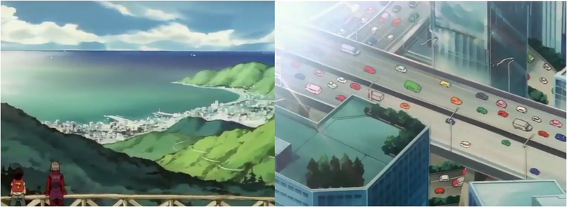 Wide shot of the city where the show takes place, and a view of traffic. Stills taken from eX-Driver Episodes 4 and 6.